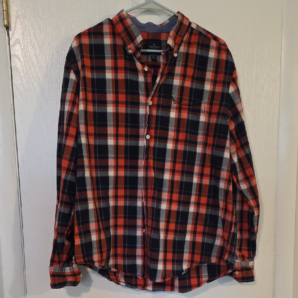 American Eagle Outfitters Orange and Black Plaid Button-Down Shirt